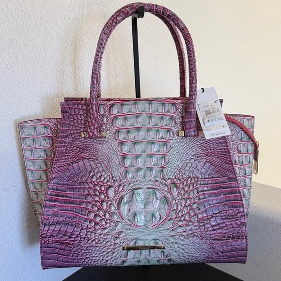 Brahmin Priscilla Melbourne in Julep Pink & Green Croc-Embossed Satchel. - Picture 1 of 16